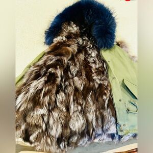 Fur Vest fur inside with Raccoon Blue Hood Size Medium